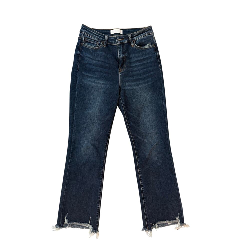 VERVET Decumaria High Rise Crop Flare Jeans Dark Wash Raw Hem Sz 28